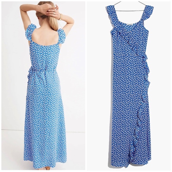 Madewell Ruffled Wrap Maxi Dress in Mini Daisy Blue Size 4 #J2689 - Picture 7 of 8